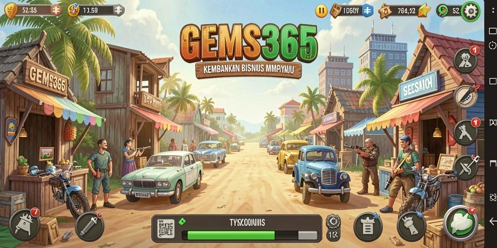 Tampilan gameplay utama GEMS365 menunjukkan pengelolaan bisnis yang menarik.