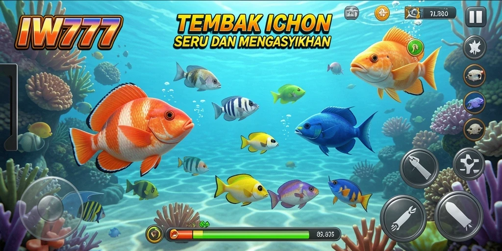 Screenshot utama IW777 menampilkan aksi menembak ikan yang seru.