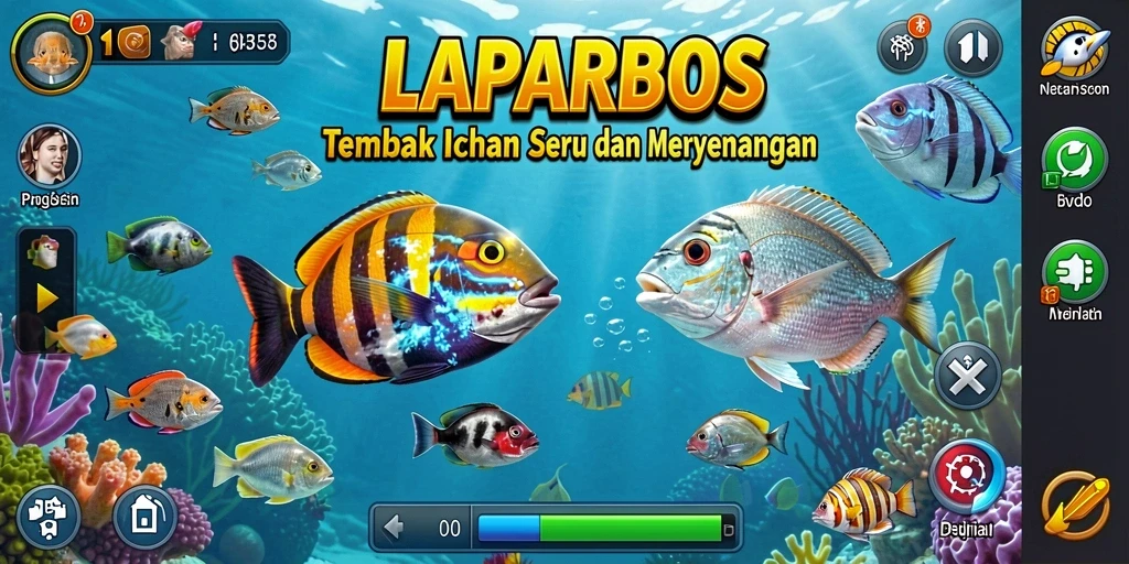 Tampilan gameplay seru dari LAPARBOS dengan berbagai jenis ikan.