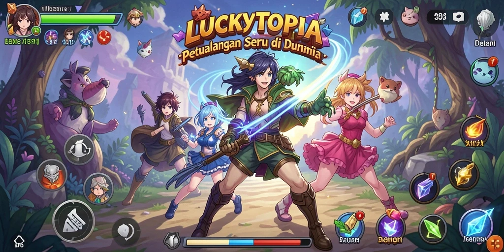 Tampilan gameplay seru dalam dunia <strong>LUCKYTOPIA</strong> yang penuh warna.