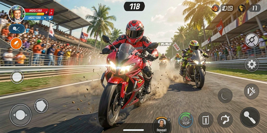 Gameplay MDG188 yang lengkap dengan balapan motor seru.
