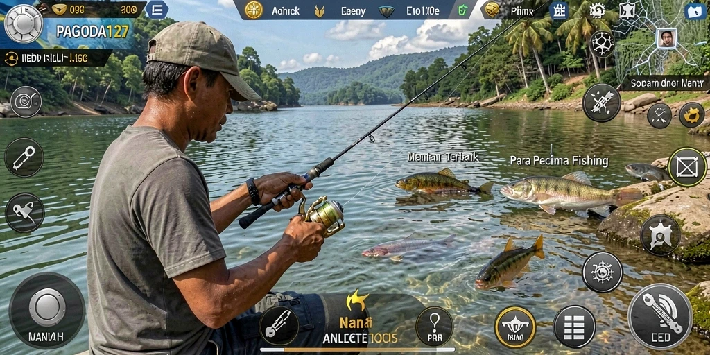 Screenshot menampilkan gameplay menarik dalam PAGODA127 dengan berbagai jenis ikan.