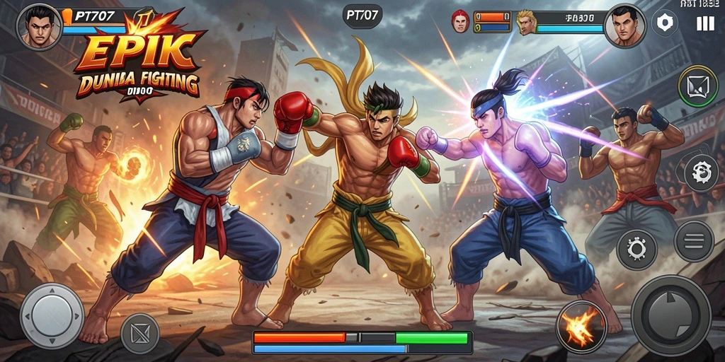 Screenshot gameplay PT707 dengan aksi pertarungan yang menegangkan dan karakter unik.