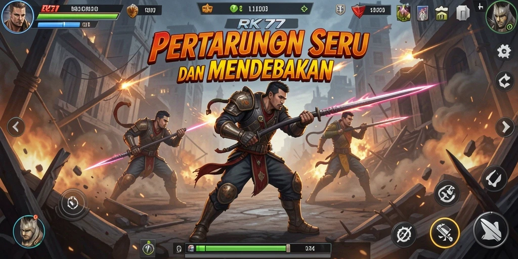 Tampilan gameplay RK77 yang seru dan mendebarkan dalam pertarungan Fighting.